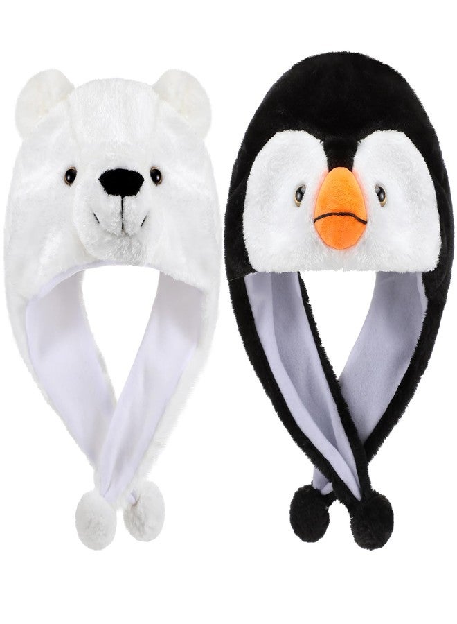 Cutecrop 2 Pcs Animal Plush Hats Cute Penguin and Polar Bear Plush Hats Winter Soft Warm Funny Beanies for Boys Girls Teen Women Men Christmas Party Winter Costume - Image 1